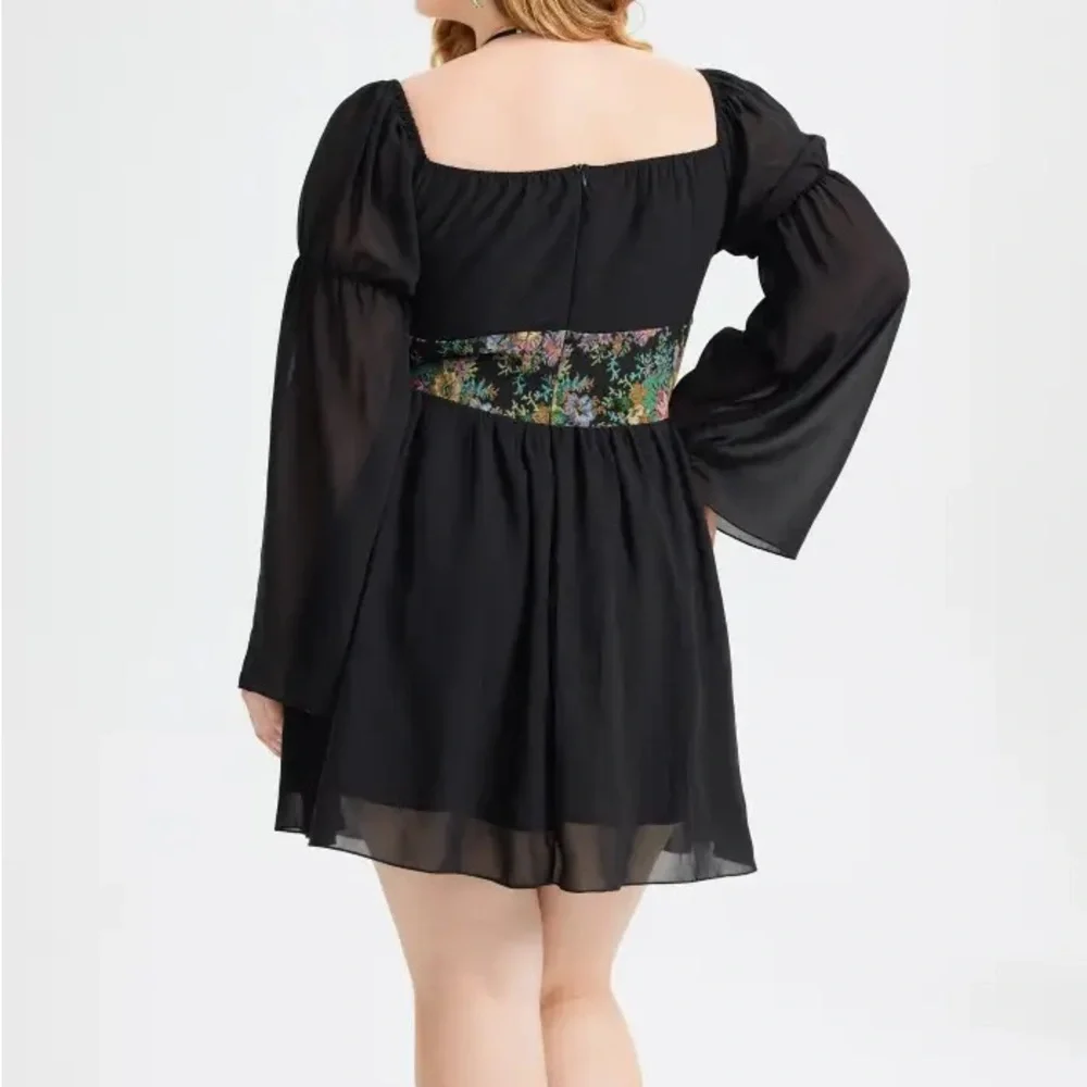 Cider Floral Corset Mini‎ Dress S Black Sheer Bell Sleeve Cottagecore